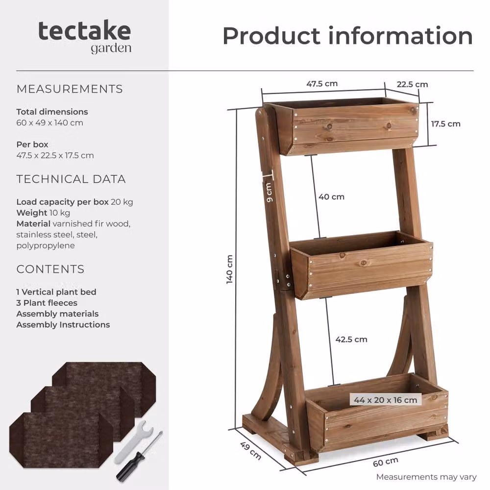 tectake Wooden Raised Bed Planter in Brown, W/D/H: 140 x 49 x 60 cm – 6