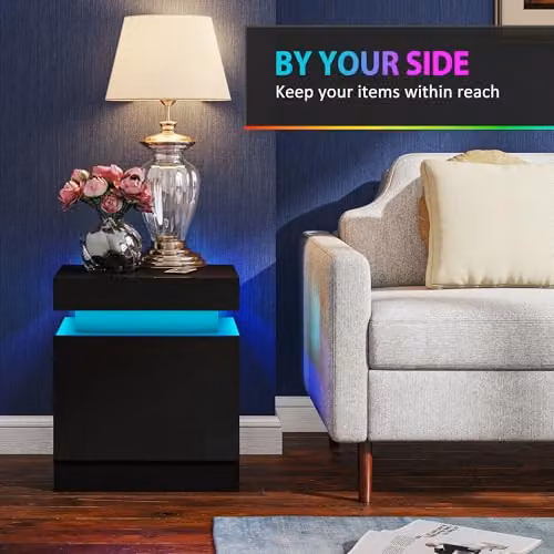 HOMCOM Set of 2 Modern High Gloss Bedside Tables with Integrated LED Lighting, Black, W/D/H: 35 x 45 x 52 cm – 5