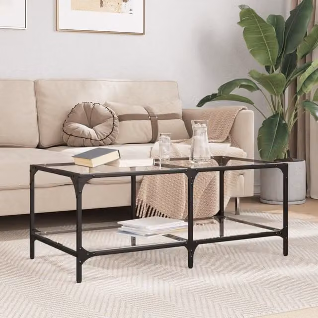 Berkfield Home Modern Rectangular Coffee Table with Transparent Glass Top and Grey Steel Frame, W: 98.5 cm, D: 50 cm, H: 40 cm – 1