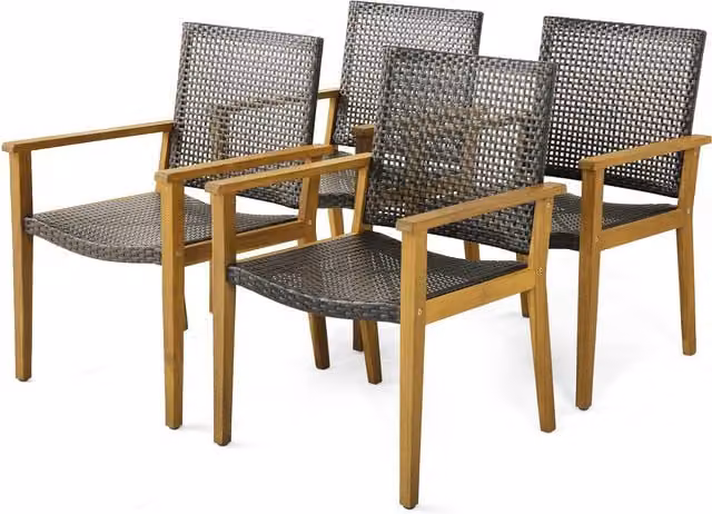 COSTWAY Set of 4 Brown Polyrattan Outdoor Armchairs with Acacia Wood Frame