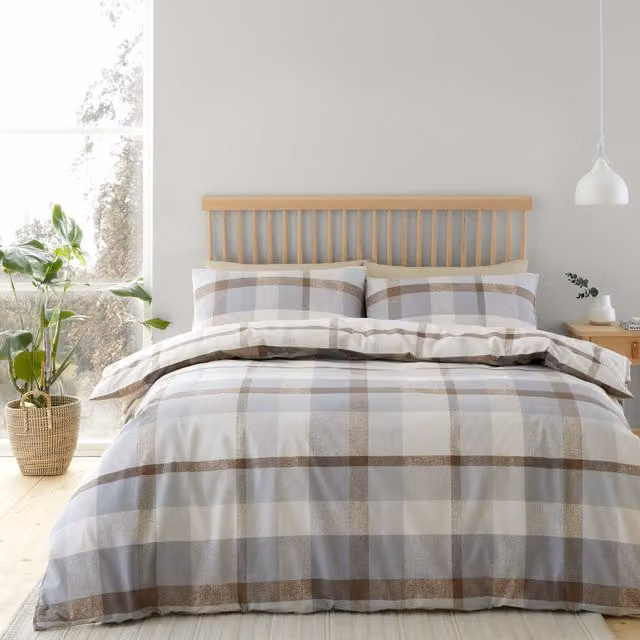 Catherine Lansfield Brushed Check Flannelette Cotton Duvet Cover and Pillowcase Set in Beige