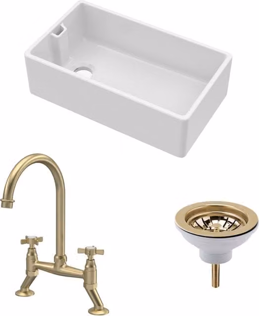 Balterley White Ceramic Single Bowl Belfast Kitchen Sink with Bridge Crosshead Mixer Tap and Waste in Brushed Brass, W: 79.5 cm, D: 45.5 cm, H: 24.5 cm