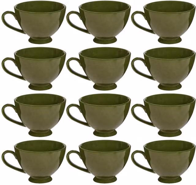 Dibor Montmartre Set of 12 Large Olive Green Ceramic Tea Cups and Coffee Mugs