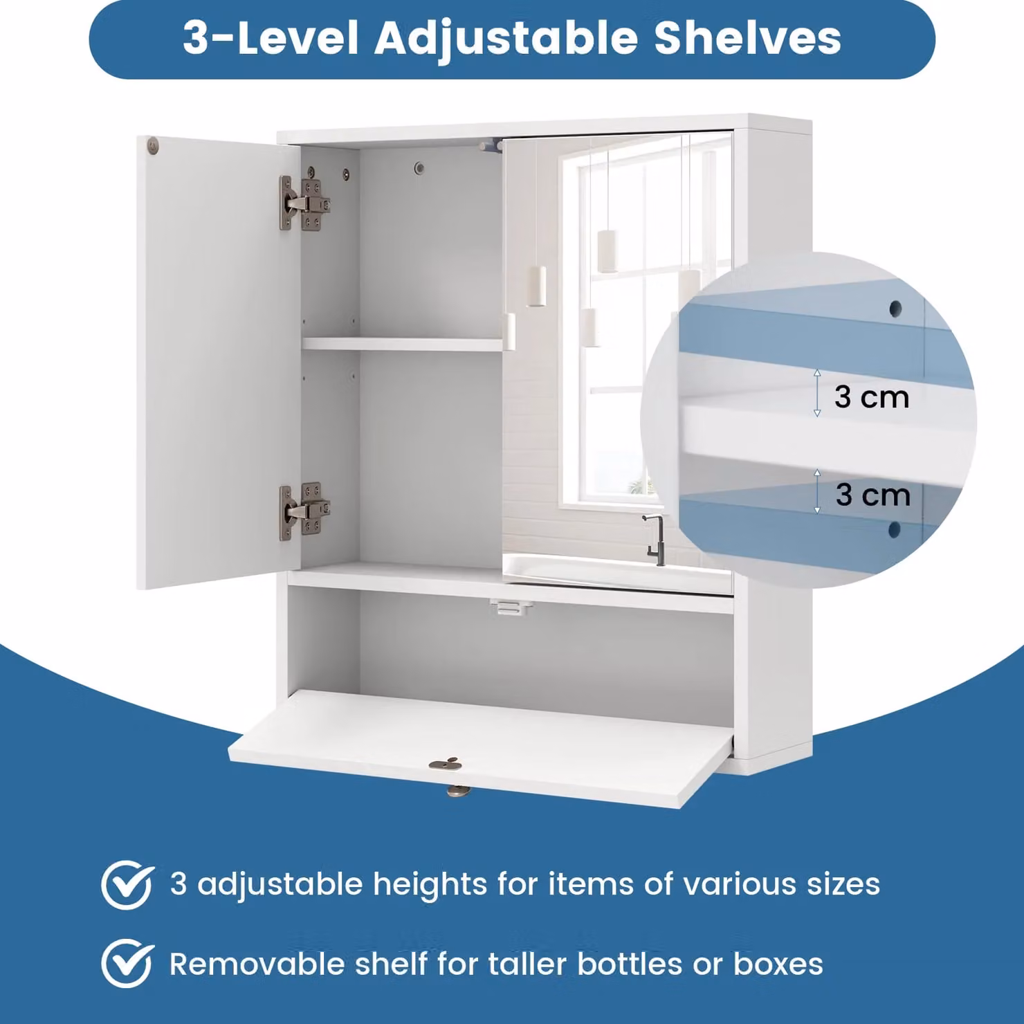 Costway Modern Wall-Mounted White Bathroom Storage Cabinet with Mirrored Hinged Doors and Internal Shelves – 2