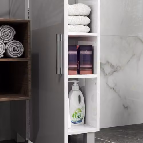 HOMCOM Tall Freestanding Bathroom Storage Cabinet with 2 Hinged Doors in White High Gloss – 4