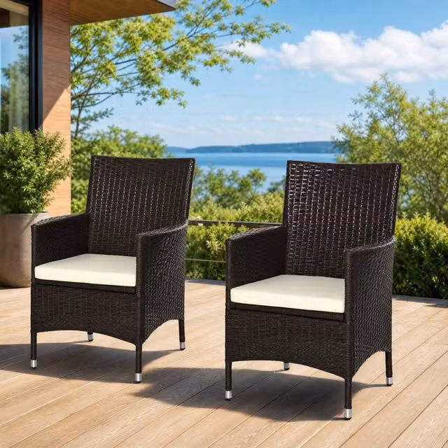STILVORA Set of 2 Modern Brown Dining Chairs with Rattan and Metal Frame