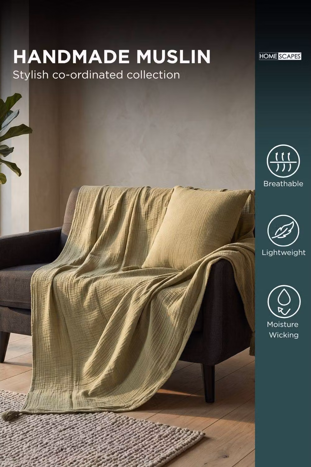 Homescapes Muslin Cotton Throw Blanket, Green, W/D/H: 127 x 180 cm – 3
