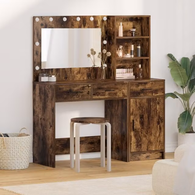 Berkfield Home 2 Piece Modern Hollywood LED Dressing Table Set in Brown Smoked Oak Engineered Wood – 1