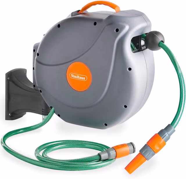 VonHaus Wall Mounted Manual Garden Hose Reel with Wall Bracket, 20m, Grey