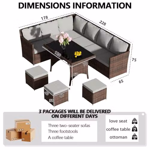 Birchtree 9 Seater L-Shape Rattan Garden Furniture Set with Coffee Table and Ottoman in Brown – 4
