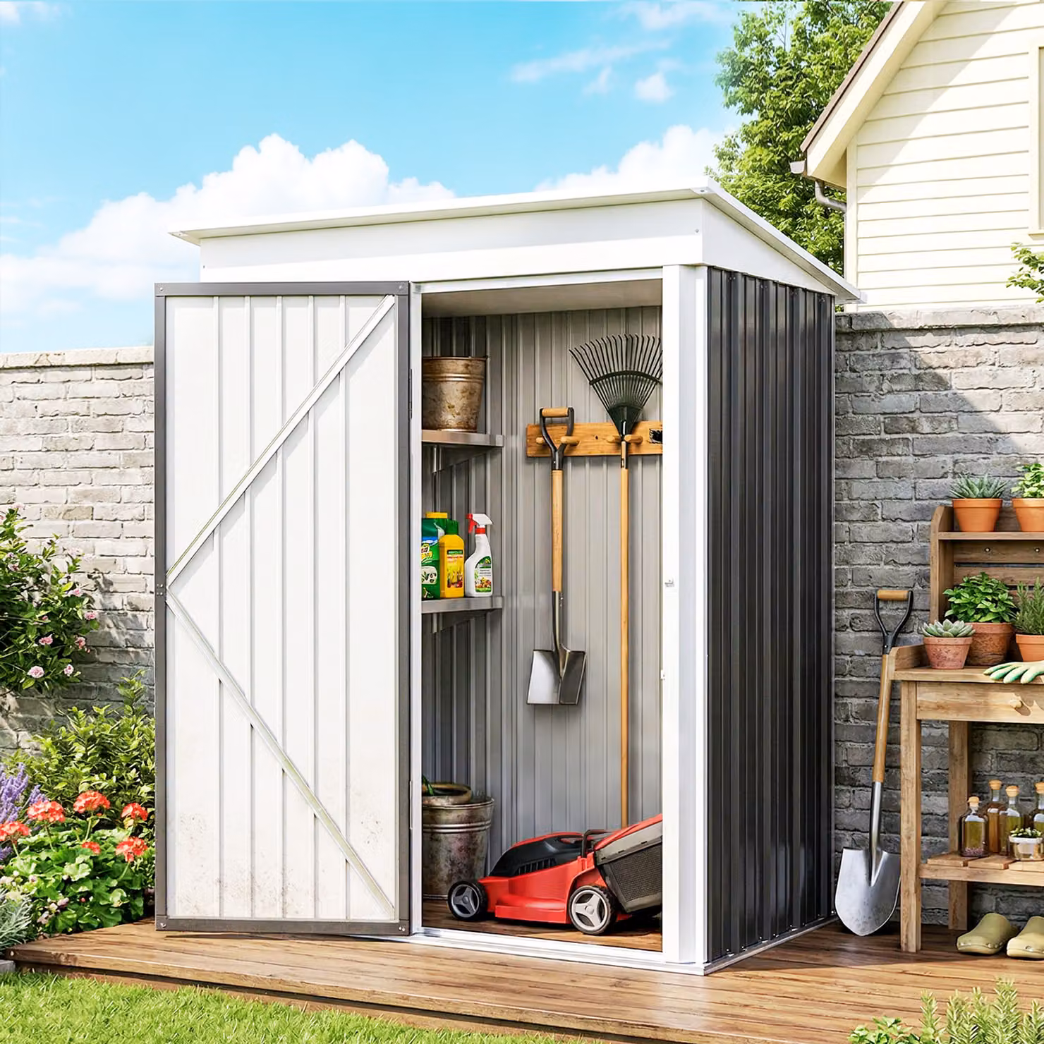 Outsunny Steel Lean-to Garden Storage Shed with Lock and Shelving, Dark Grey, H: 181.0 cm x W: 95.0 cm x D: 38.5 cm – 7