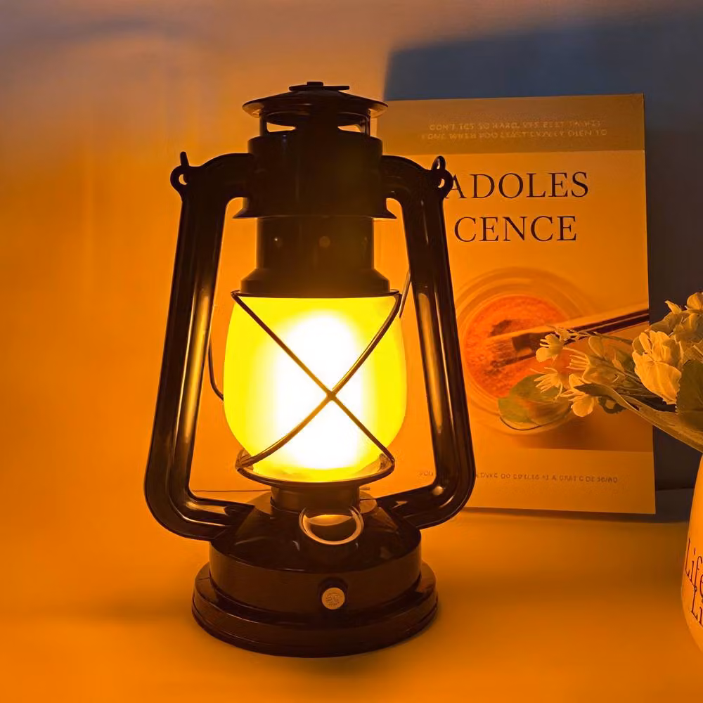 INMTFEI Vintage Rechargeable LED Hurricane Lantern, Dimmable Warm White Tabletop Camping Lamp in Black and Bronze – 2
