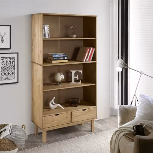 vidaXL OTTA Bookcase with 2 Drawers in Brown Solid Pine Wood, H 180 x W 35 x D 35 cm – 2