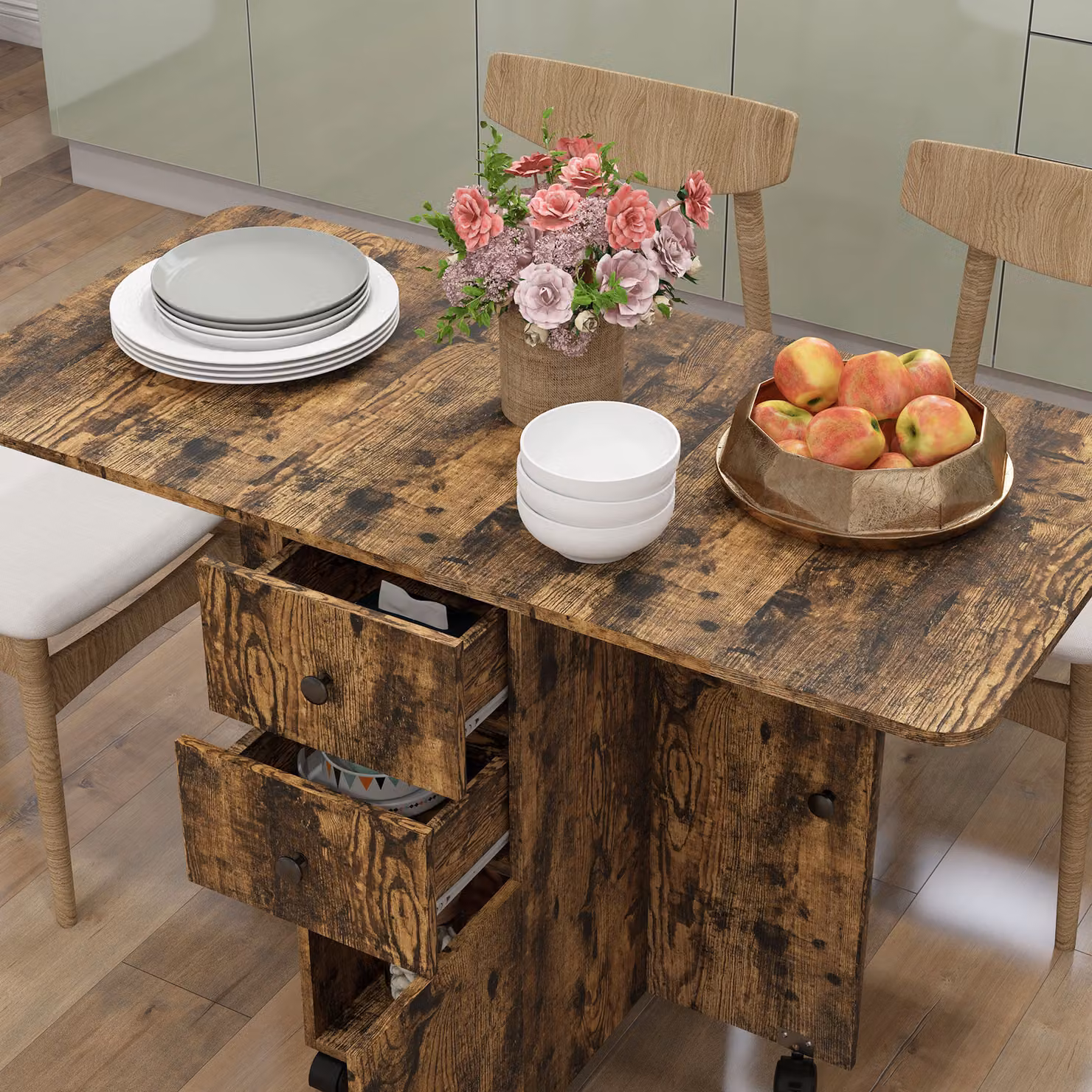 HOMCOM Multi-Storage Six-Person Drop Leaf Dining Table in Rustic Brown – 6