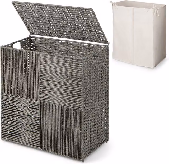 Costway 110L Collapsible Rattan Laundry Hamper with Lid and Removable Bag in Grey