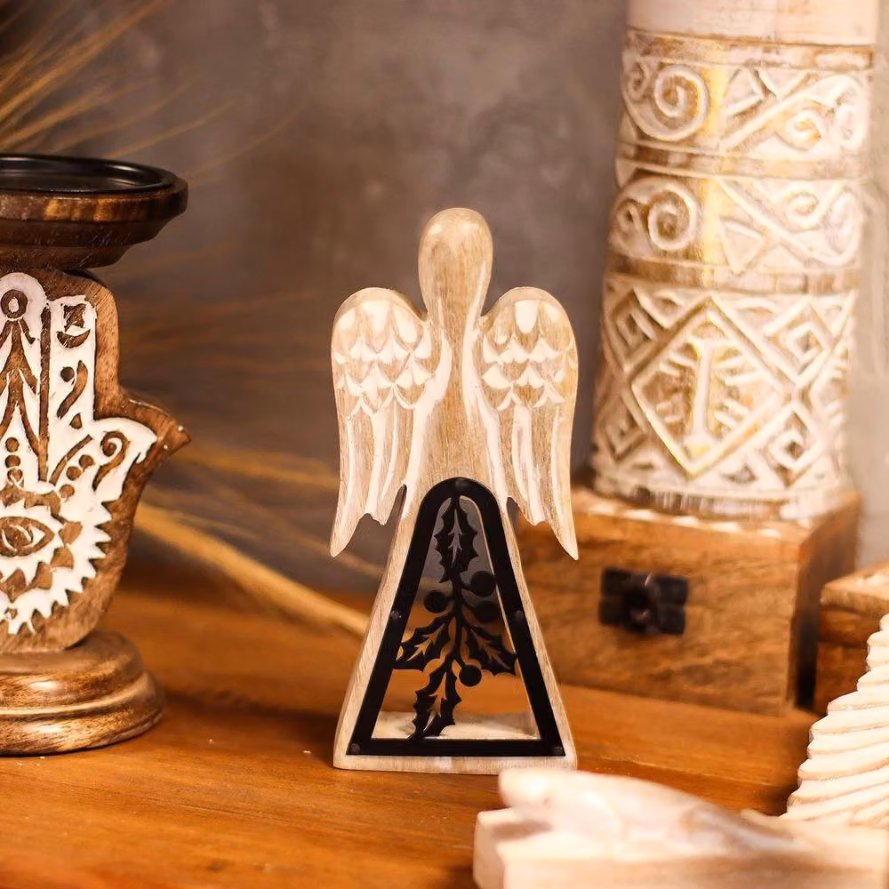 Serenityy Mango Wood Angel Decoration in Whitewash with White Iron Holly Cut-Out – 2