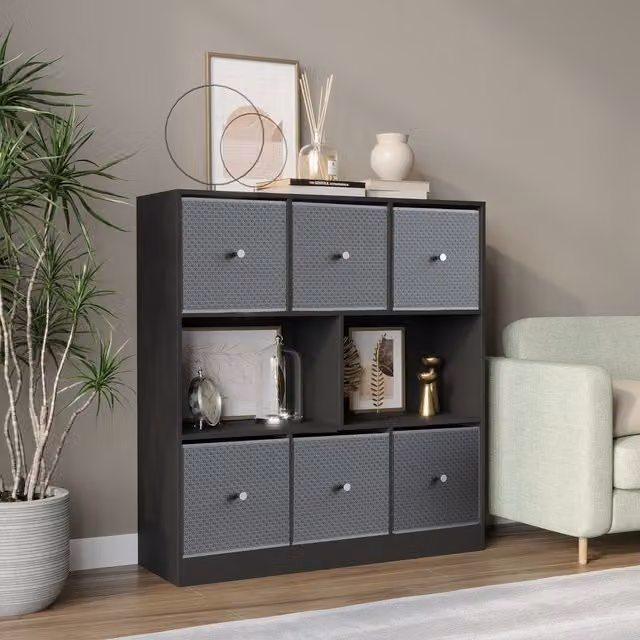 URBNLIVING 8 Cube Black Bookcase with 6 Light Grey Fabric Storage Drawers
