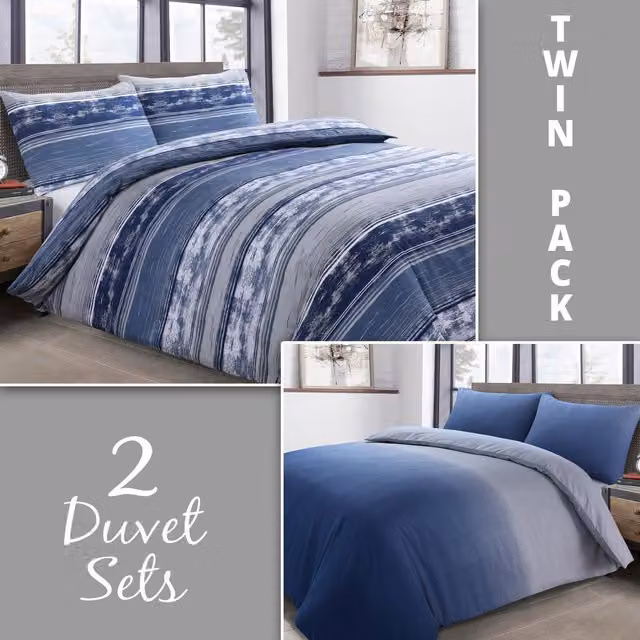 Velosso Elevations Twin Pack Cotton Rich Striped Duvet Cover and Pillowcase Set in Blue, W/D/H: 135 x 200 cm and 75 x 75 cm