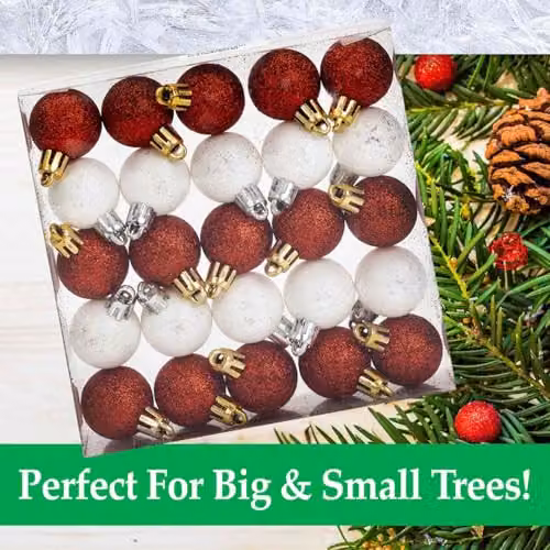 VFM e-Store Red, White and Gold 3cm Round Mini Baubles (25 Pack) - Christmas Tree Decorations – 3