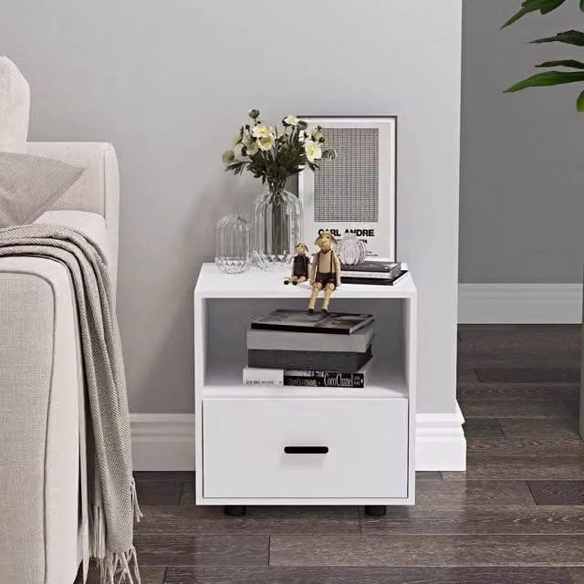 FORGEVIO Modern White Wooden Bedside Table Cabinet with Drawer – 1