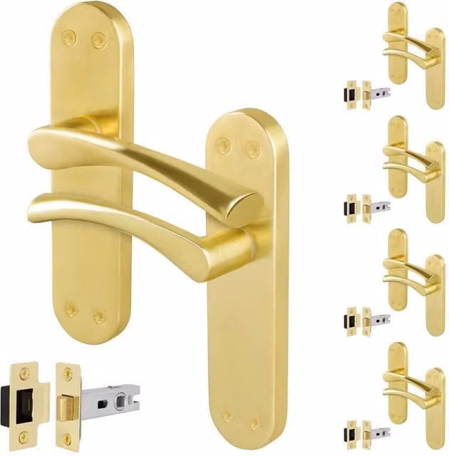 AFIT Satin Brass Twist Door Handle and Latch Set with Long Backplate, Gold, 5 Pairs, W/D/H: 150 x 100 x 17.5 mm