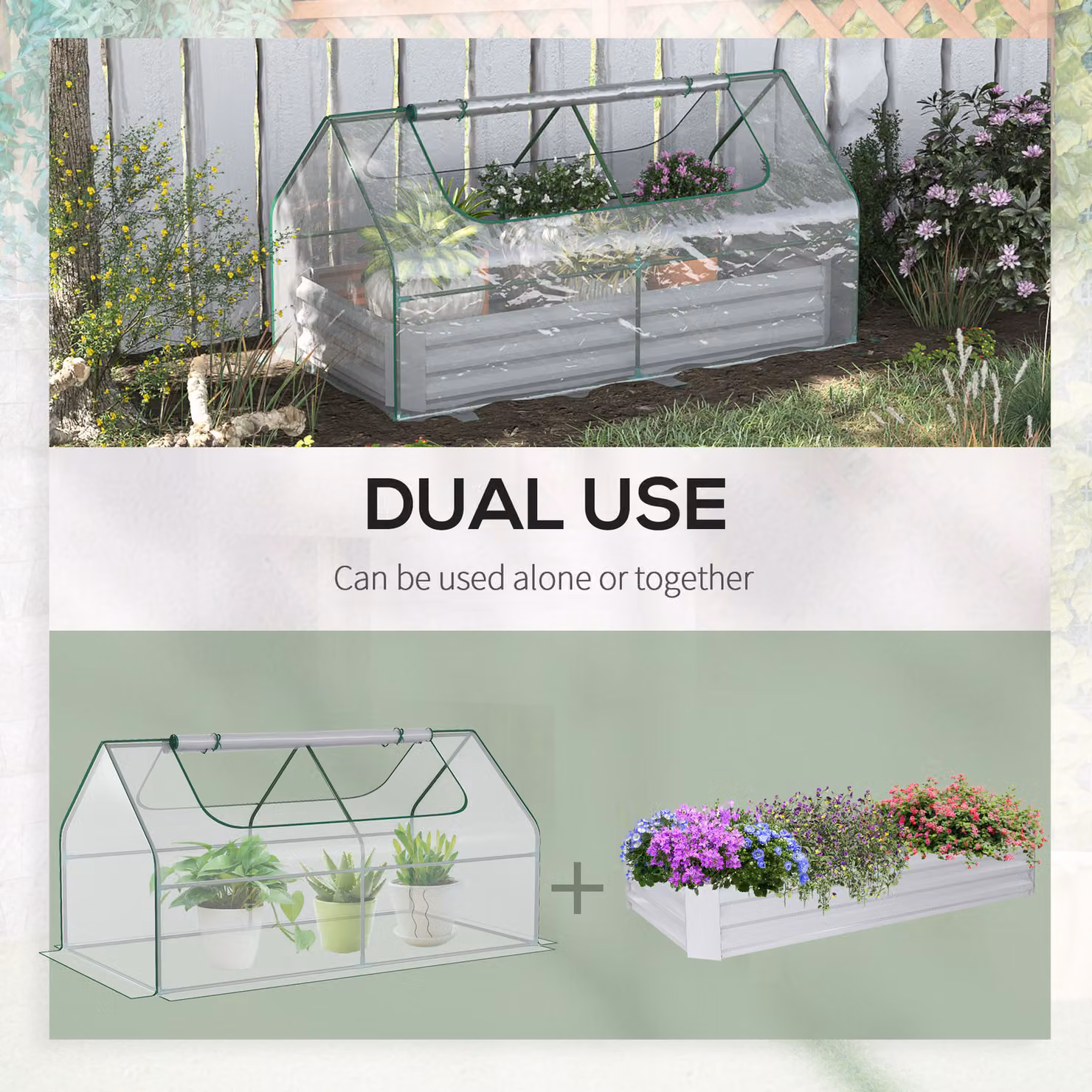 Outsunny Metal Raised Garden Bed Greenhouse with Transparent Plastic Cover and Roll Up Windows for Flowers and Vegetables – 3