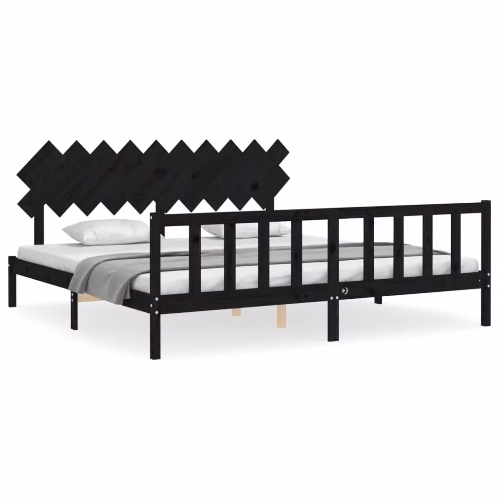 Berkfield Home Solid Wood Pine Bed Frame with Headboard in Black, 200 x 200 cm – 2