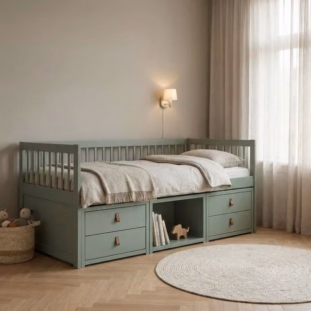 Noa and Nani Lottie Upholstered Day Bed with Underbed Storage Drawers in Forest Green