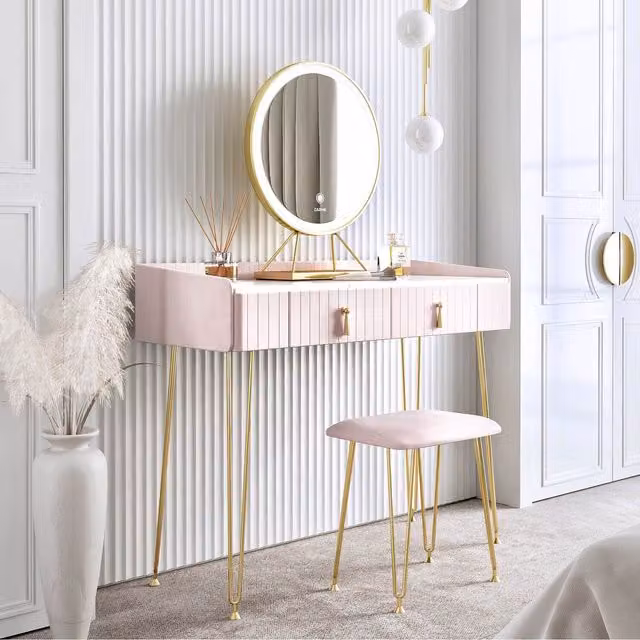 CARME Tokyo Glow Velvet Dressing Table with LED Hollywood Mirror in Pink, Gold and White