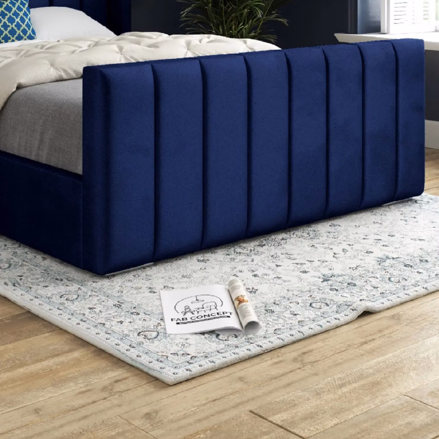 Casani Romano Upholstered Soft Velvet Winged Bed Frame in Blue, W/D/H: 180 x 159 x 137 cm – 3