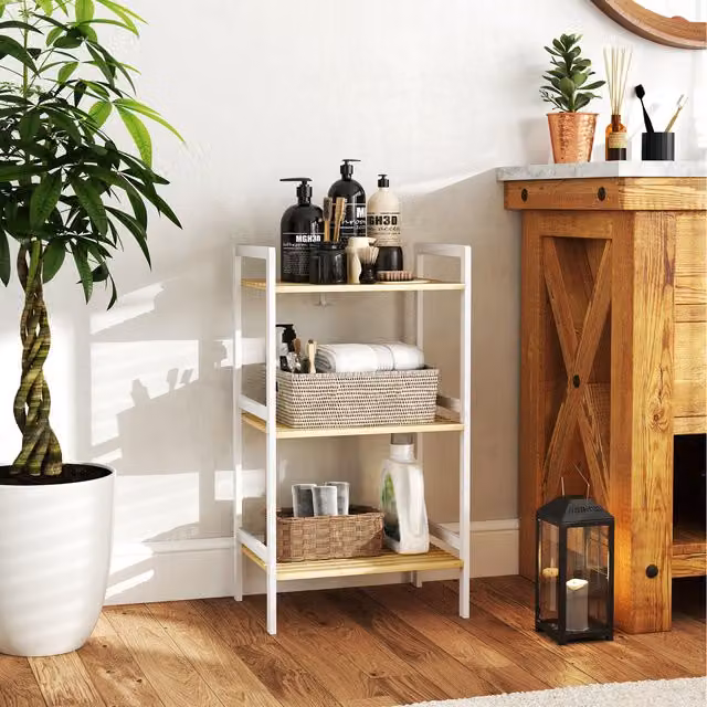HOMCOM 4 Tier White Bamboo Bathroom Storage Shelf with Adjustable Shelves, Width: 80 cm