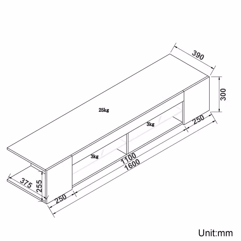 ERGOVEXA Black Modern TV Stand Cabinet with Integrated LED Lights and Storage Shelves, W/D/H: 120 x 39 x 39 cm – 2