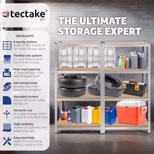 tectake Set of 2 Heavy-Duty Garage Shelving Units with Galvanised Steel Frames and 8 Adjustable MDF Shelves, Silver, W/D/H: 160 x 40 x 160 cm – 2