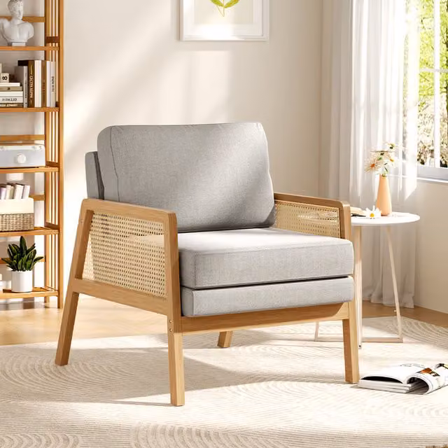 Komore Grey Fabric and Wood Armchair with Rattan Details