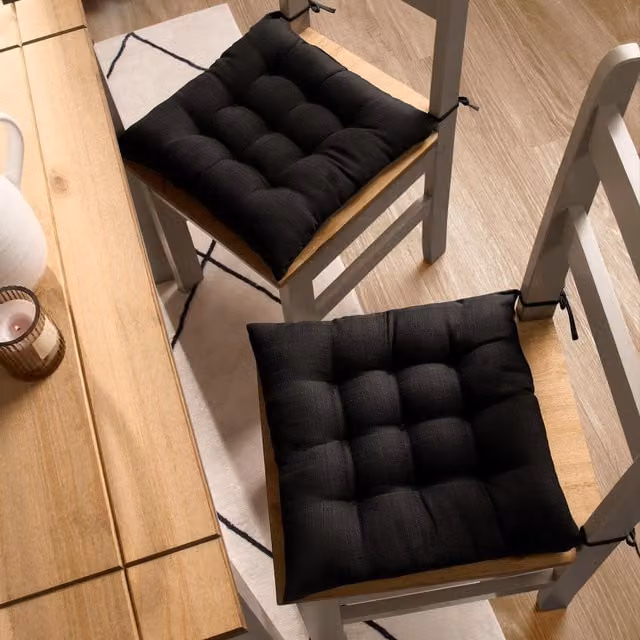 OHS Pack of 2 Black Linen Quilted Square Dining Chair Seat Pads with Removable Covers