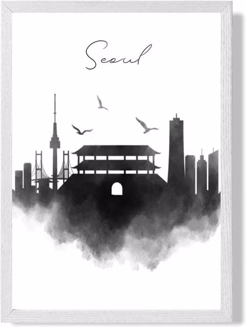 ARTZE Seoul Watercolour Skyline City Framed Print, Black and White, A3