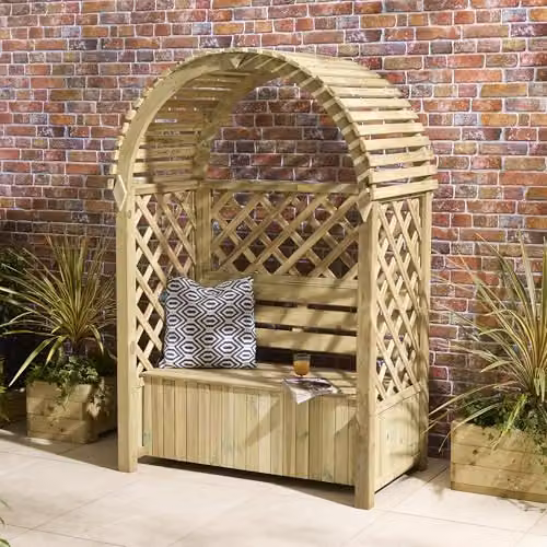 Rowlinson Chiltern Arbour with Storage Box in Brown Pine Wood, W132 x D80 x H198 cm
