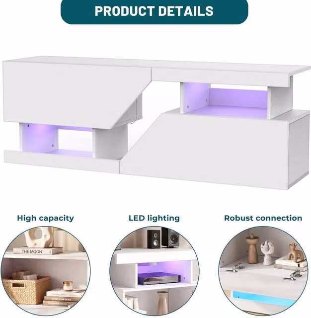 SPETLEK Modern White TV Cabinet with Integrated LED Lights