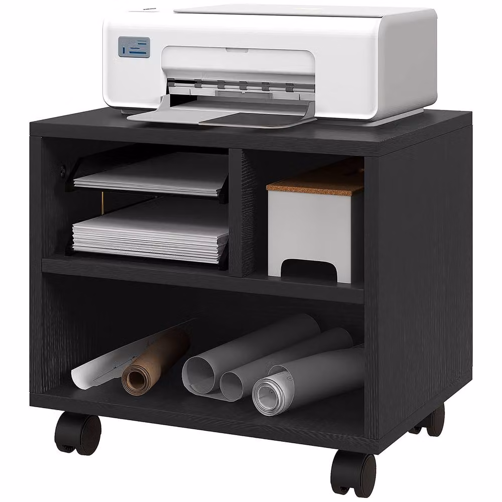 STILVORA Black Matt Printer Stand with 3 Compartments and Castors – 4