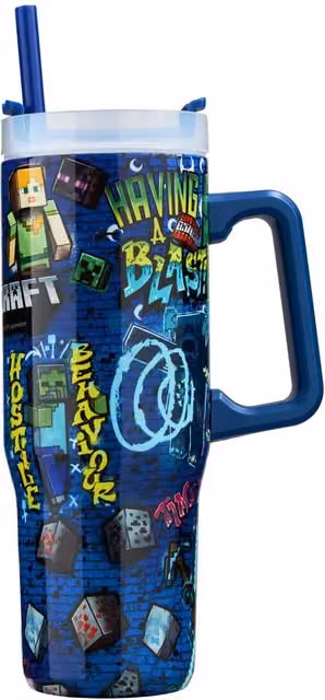 Minecraft Insulated Stainless Steel Tumbler with Straw and Handle, Blue, 920ml