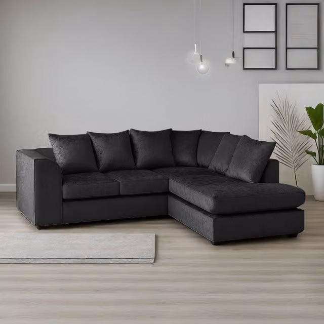 Furnishings For Less UK Crystal Crushed Velvet 3 to 4 Seater L Shaped Corner Sofa, Right Hand Facing, Black