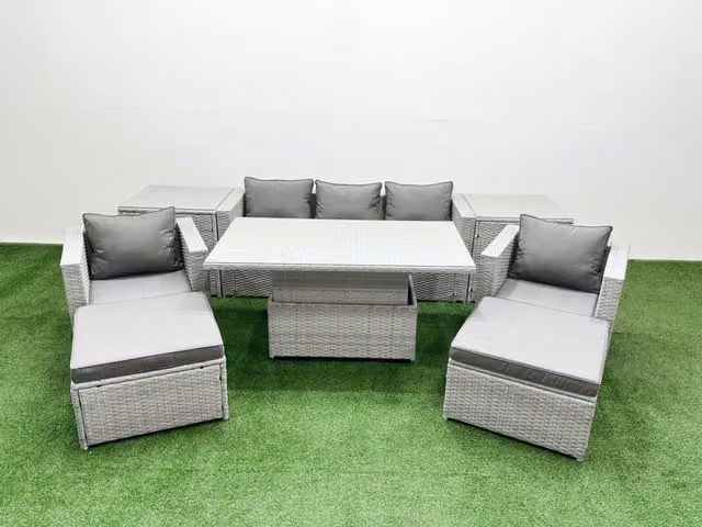 Fimous 8 Piece Rising Dining Table and Chair Set in Light Grey Rattan with Glass and Steel
