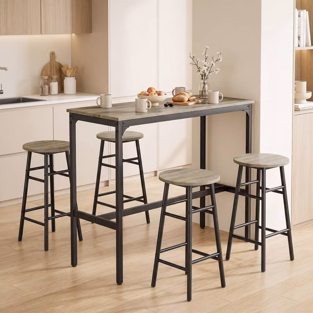 HOMCOM 5 Piece Industrial Bar Set with Grey Wood Effect Table and Black Chairs – 2