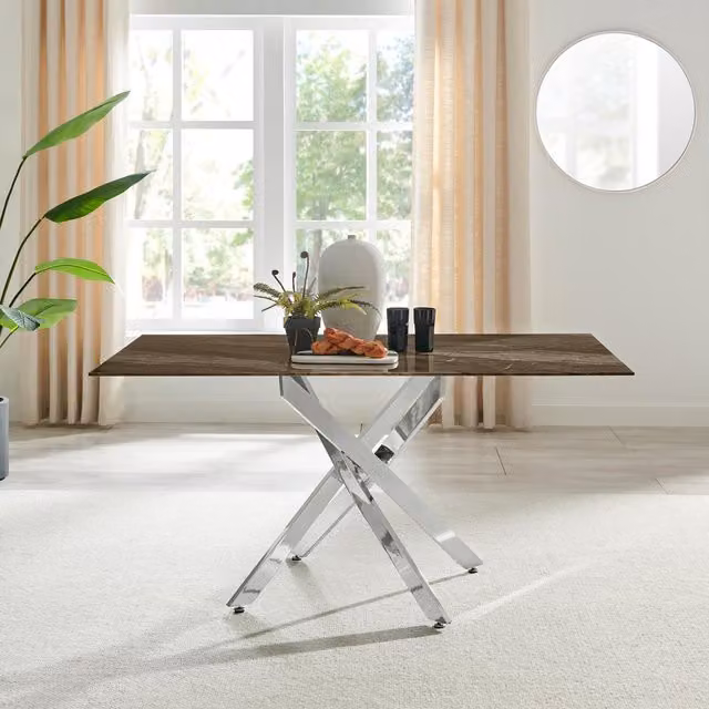 FurnitureboxUK Leonardo 6-Seater Rectangular Dining Table with Marble Effect Glass Top and Silver Metal X-Frame Legs in Dark Brown