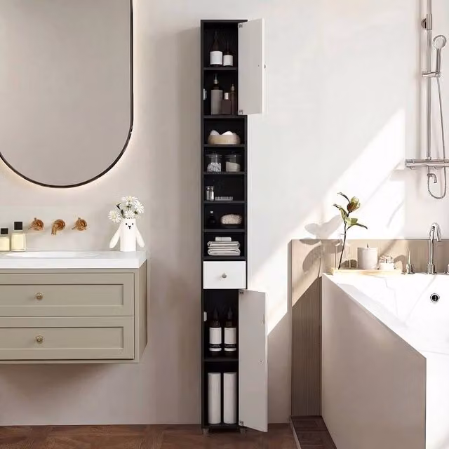 Kelvenix Modern Freestanding Floor Storage Cabinet with 2 Hinged Doors and Internal Shelves in Matt Black, H 180 x W 20 cm