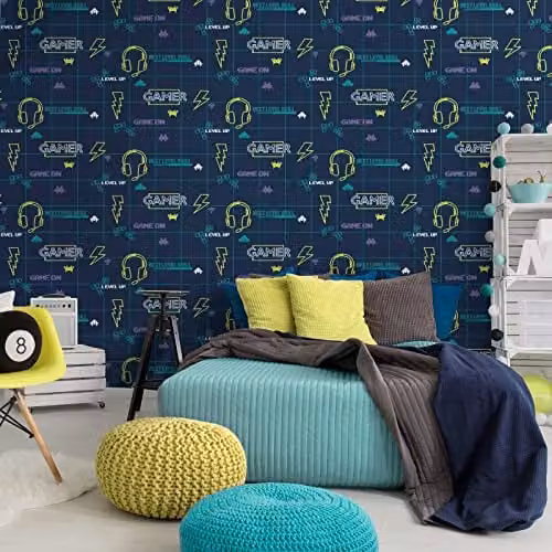 Holden Decor Holden Gamer Retro Gaming Washable Wallpaper in Navy Blue and Neon Yellow – 1