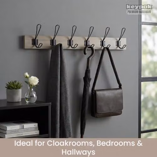 keypak Rustic Wall Mounted Coat Rack with 6 Double Wire Hooks and Ash Wood Base in Black, Grey or Brown – 3