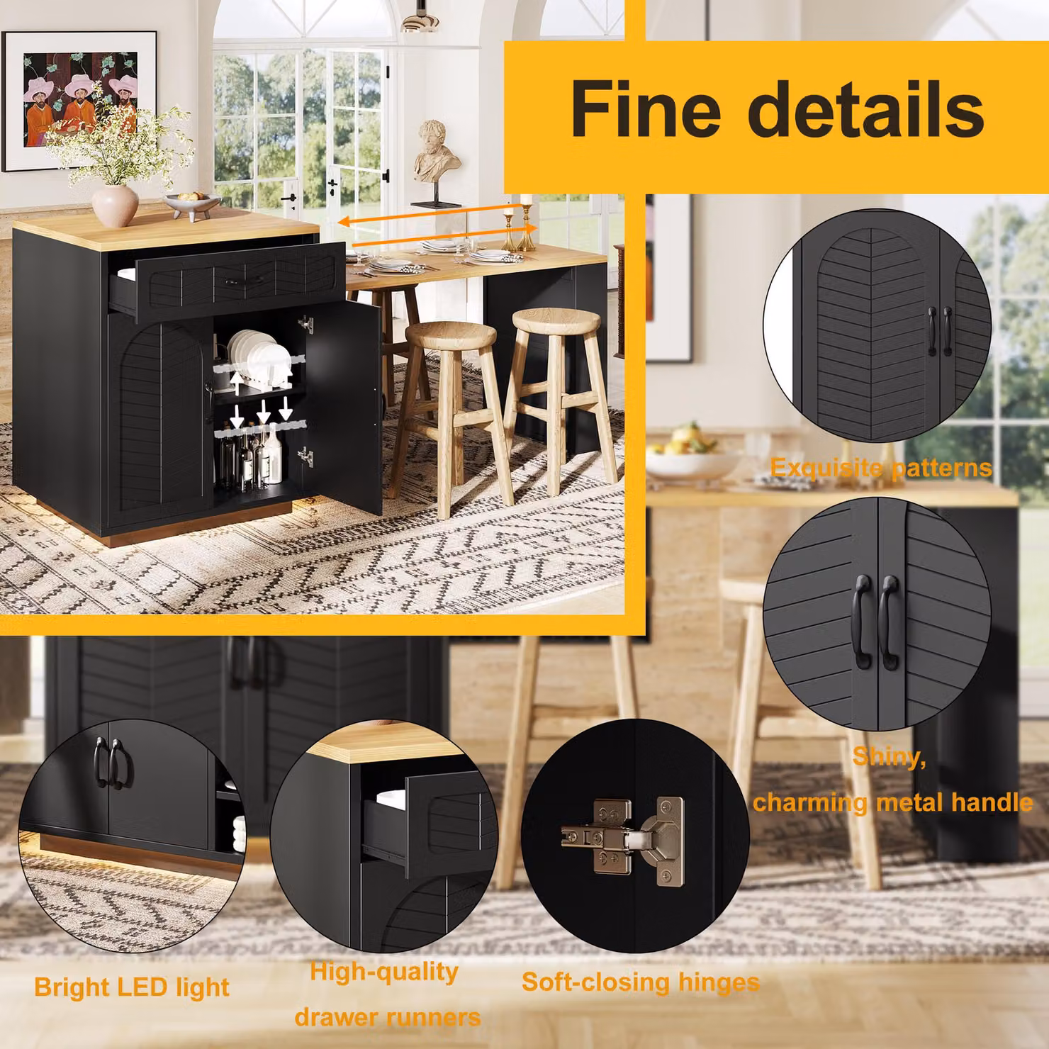 Aosom UK Extendable Kitchen Island with Dining Table and Multifunctional Storage Cabinet with Wine Rack, Black, W/D/H: 141 x 70 x 101.5 cm – 3