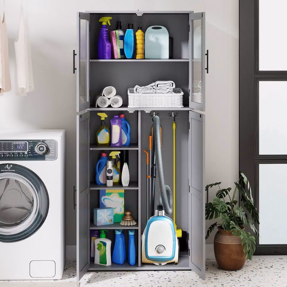 Gymax Freestanding Utility Broom Closet Storage Cabinet with Hinged Doors and Internal Shelves in Grey – 4