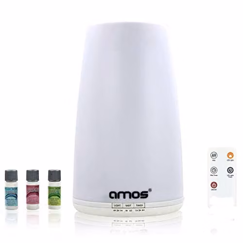 AMOS White Ultrasonic Aroma Diffuser with Remote Control, LED Light and Timer, 10 ml Capacity – 1